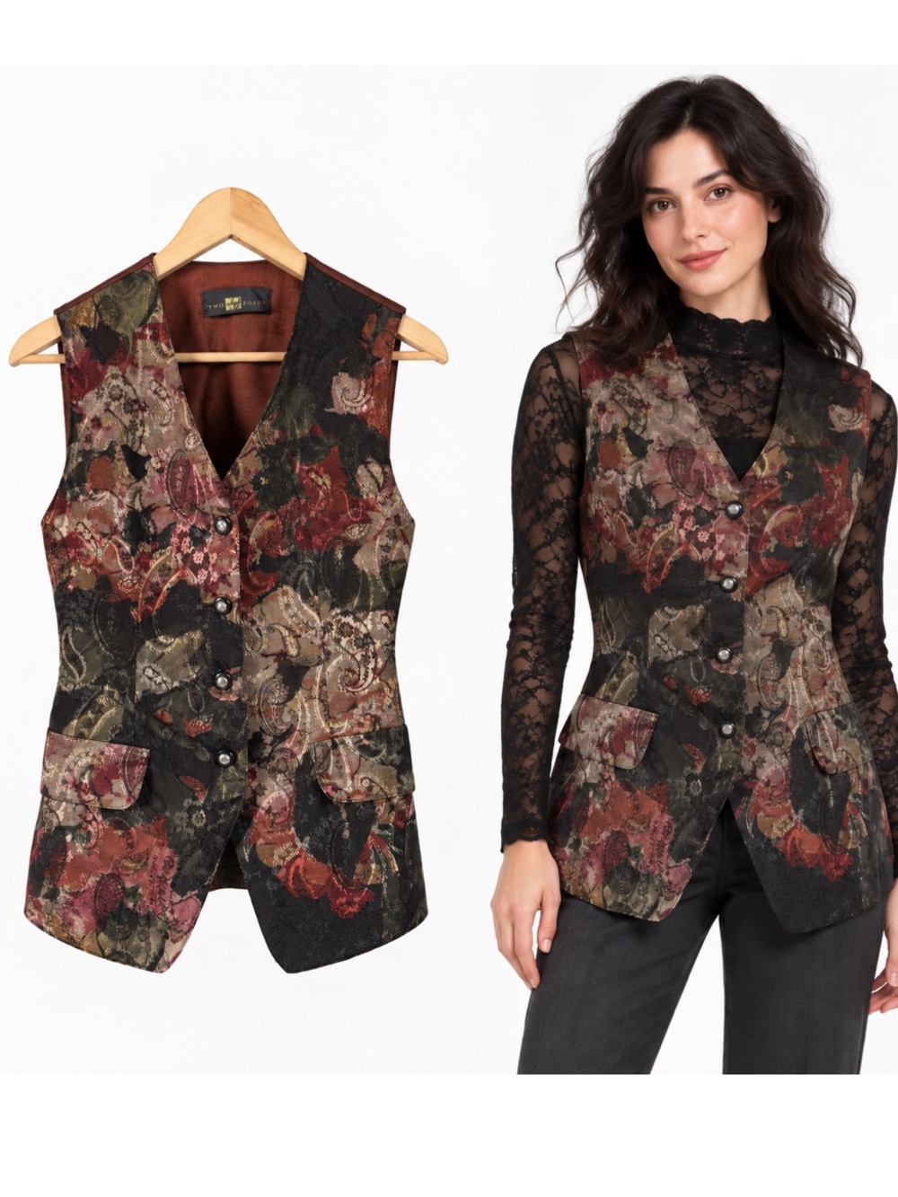 Vintage 90s Two Roads Dark Floral Tapestry Print Satin Back Waistcoat Vest S/M?